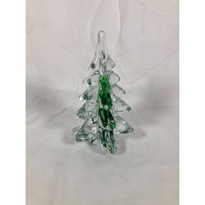 Vintage Crystal Christmas Tree Modern Art Glass Green Ribbon Silvestri 6"